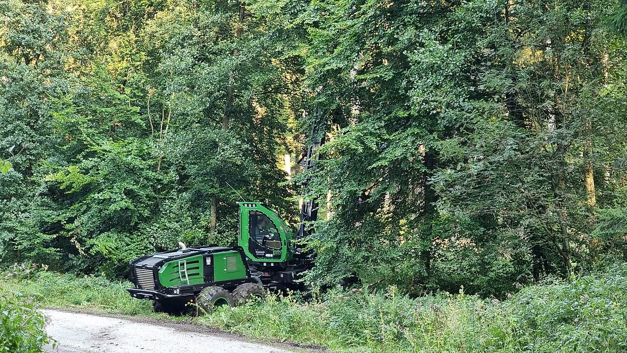 Holzvollernter am Waldweg