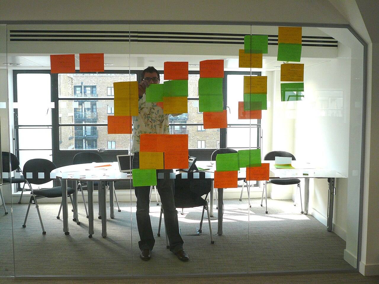 Workshopraum mit Haftnotizen an einer Glaswand