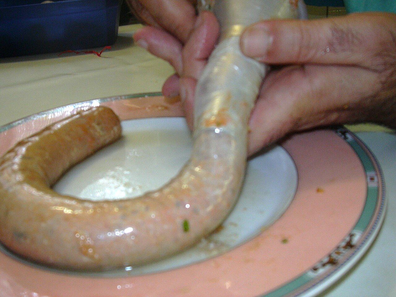 Hände füllen Wurstmasse in einen Darm