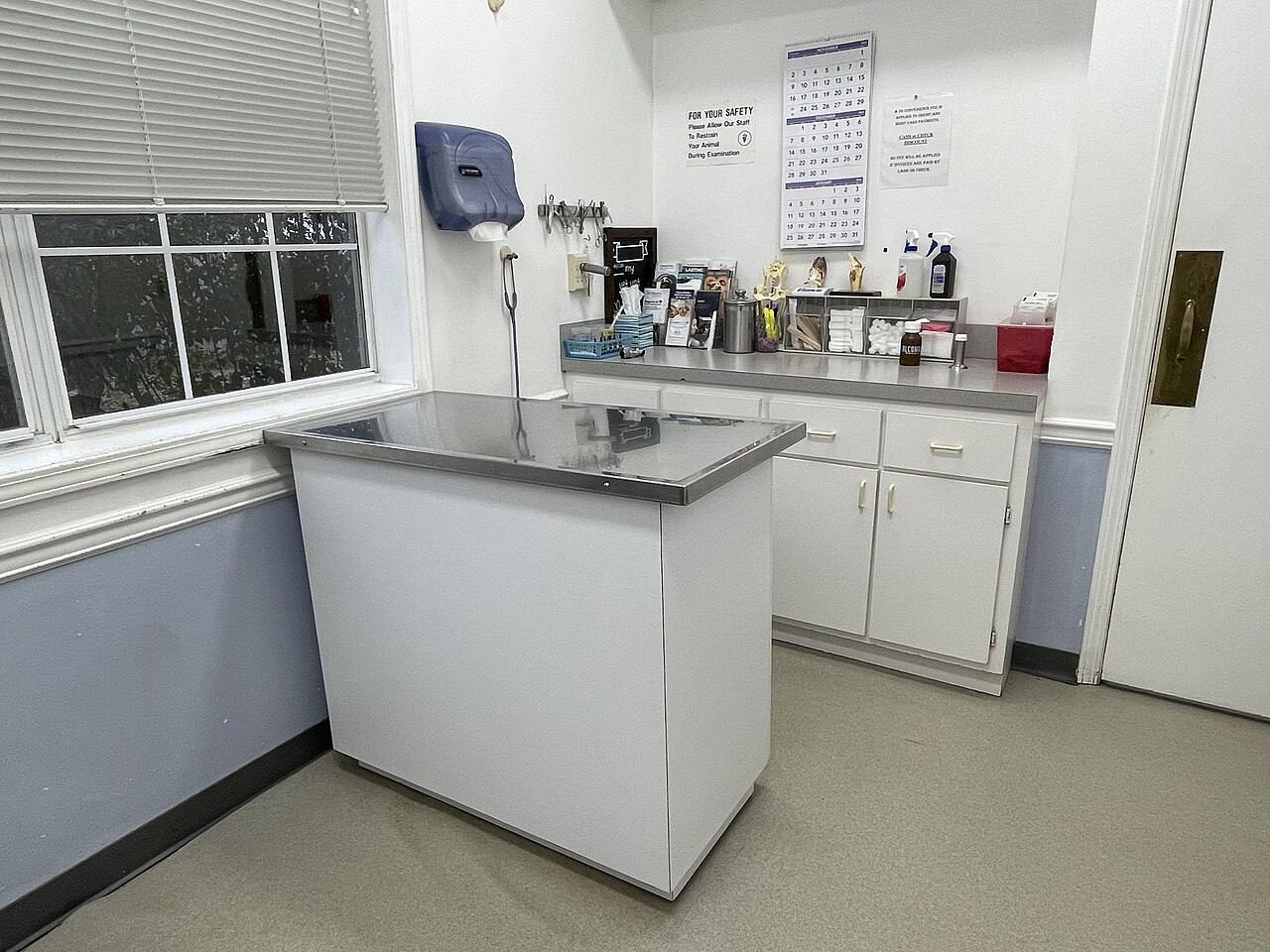 Behandlungsraum einer Tierklinik mit Regal und Waschbecken