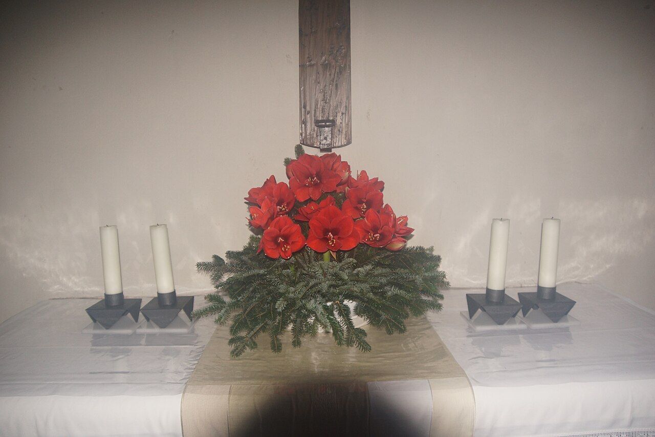 Adventsgesteck mit roten Blüten und Kerzen