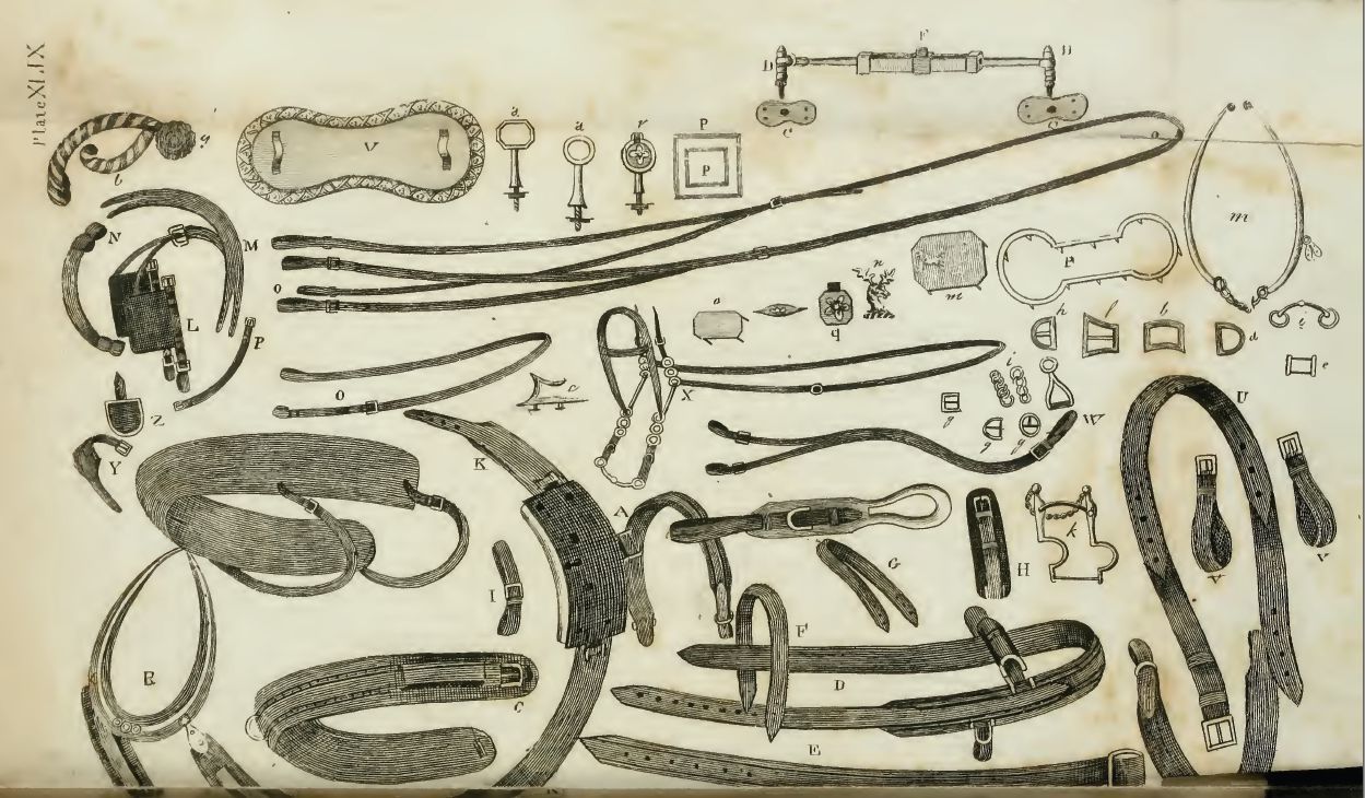 Historische Tafel mit Pferdegeschirr-Teilen aus Leder