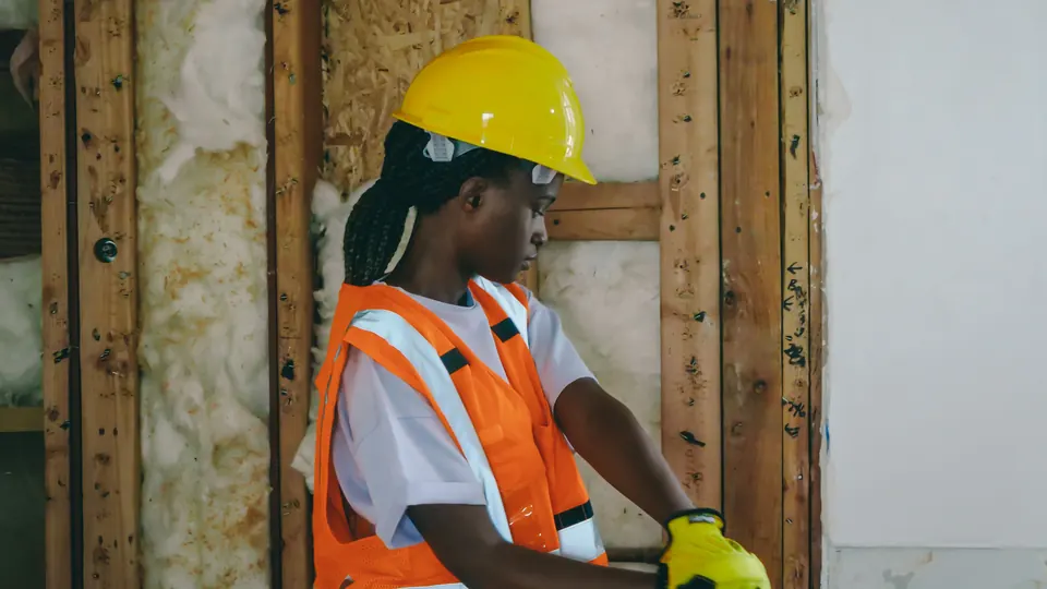Bauarbeiterin mit Helm und Warnweste bei Arbeiten an einer Holzstaenderwand