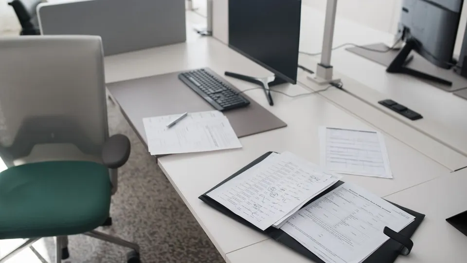 Schreibtisch im Büro mit einer Mappe voller Unterlagen, Computer und Bürostuhl.