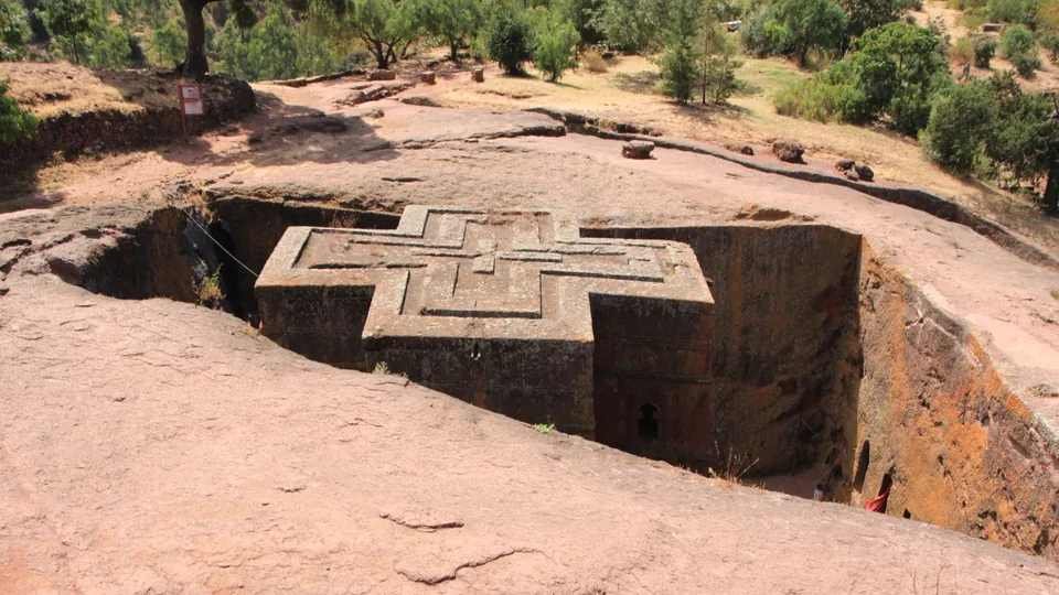 Felsenkirche Sankt Georg in Lalibela, Äthiopien, aus dem Fels gehauen.